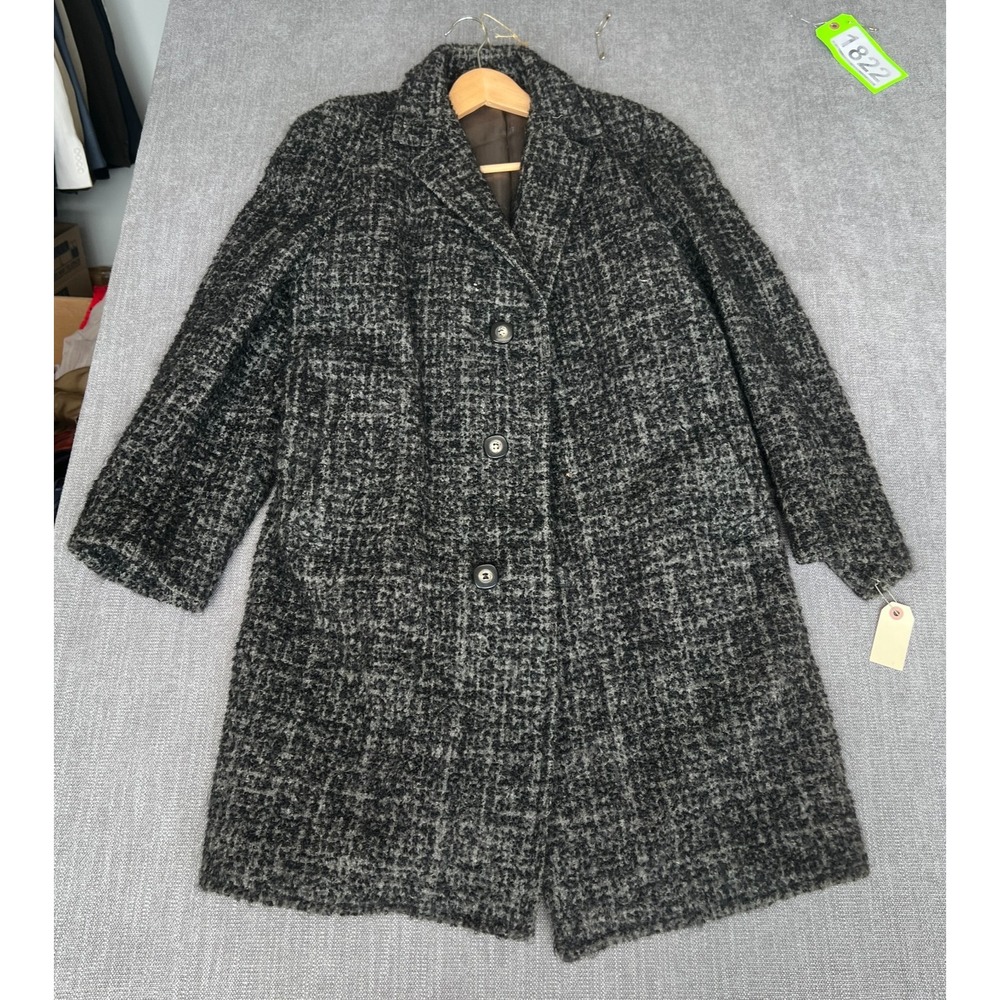 Vintage Reine Wolle Tweed Overcoat Womens 38 Gray Black Tailored Single Breasted